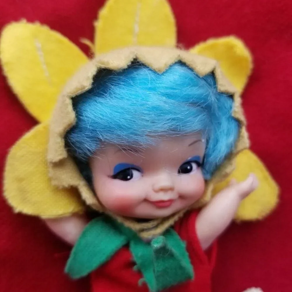 Vintage 60s Kitsch Large Christmas Red Stocking Pixie Blue Hair Hat Bells